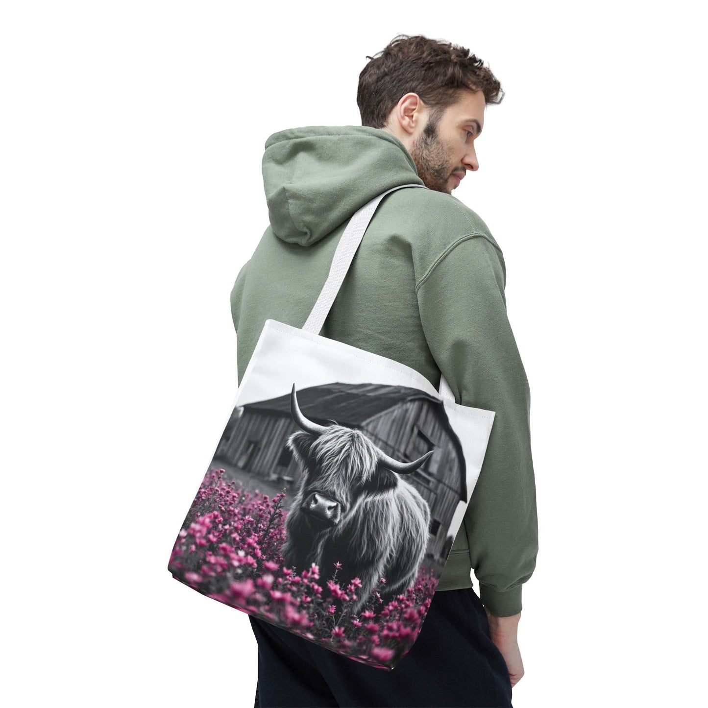 Black and White Highland Cow Tote Bag - Floral Design
