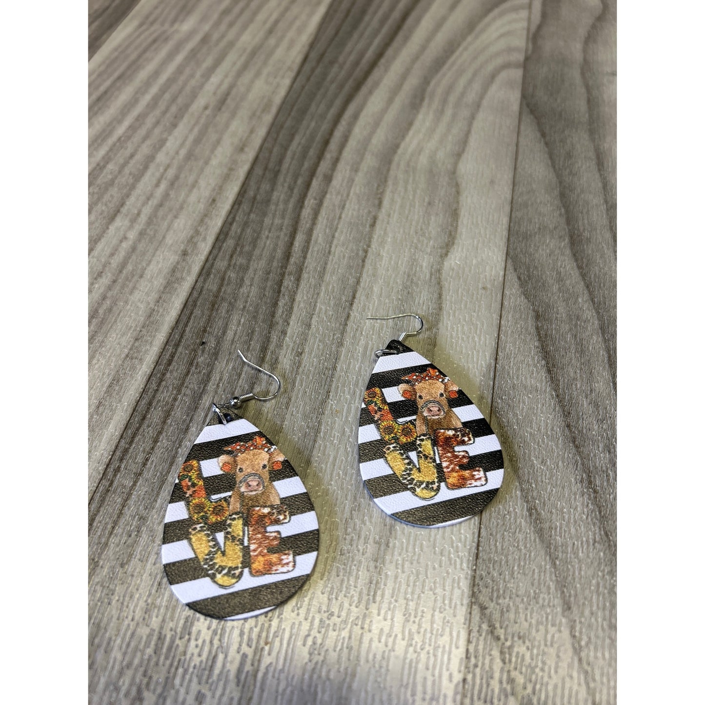 Faux leather Love cow Stripes dangle earrings