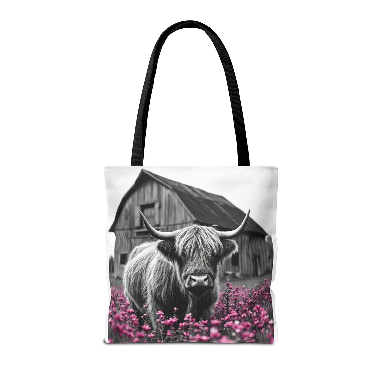 Black and White Highland Cow Tote Bag - Floral Design