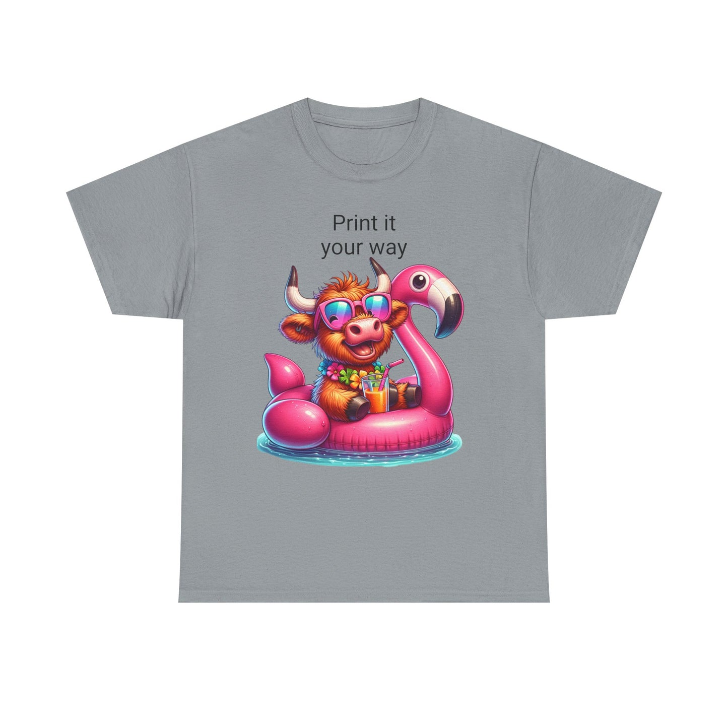 Fun Summer Vibes Unisex Heavy Cotton Tee, Cute Cow Print Tee, Beach Party Shirt, Pool Day Top, Gift for Animal Lovers
