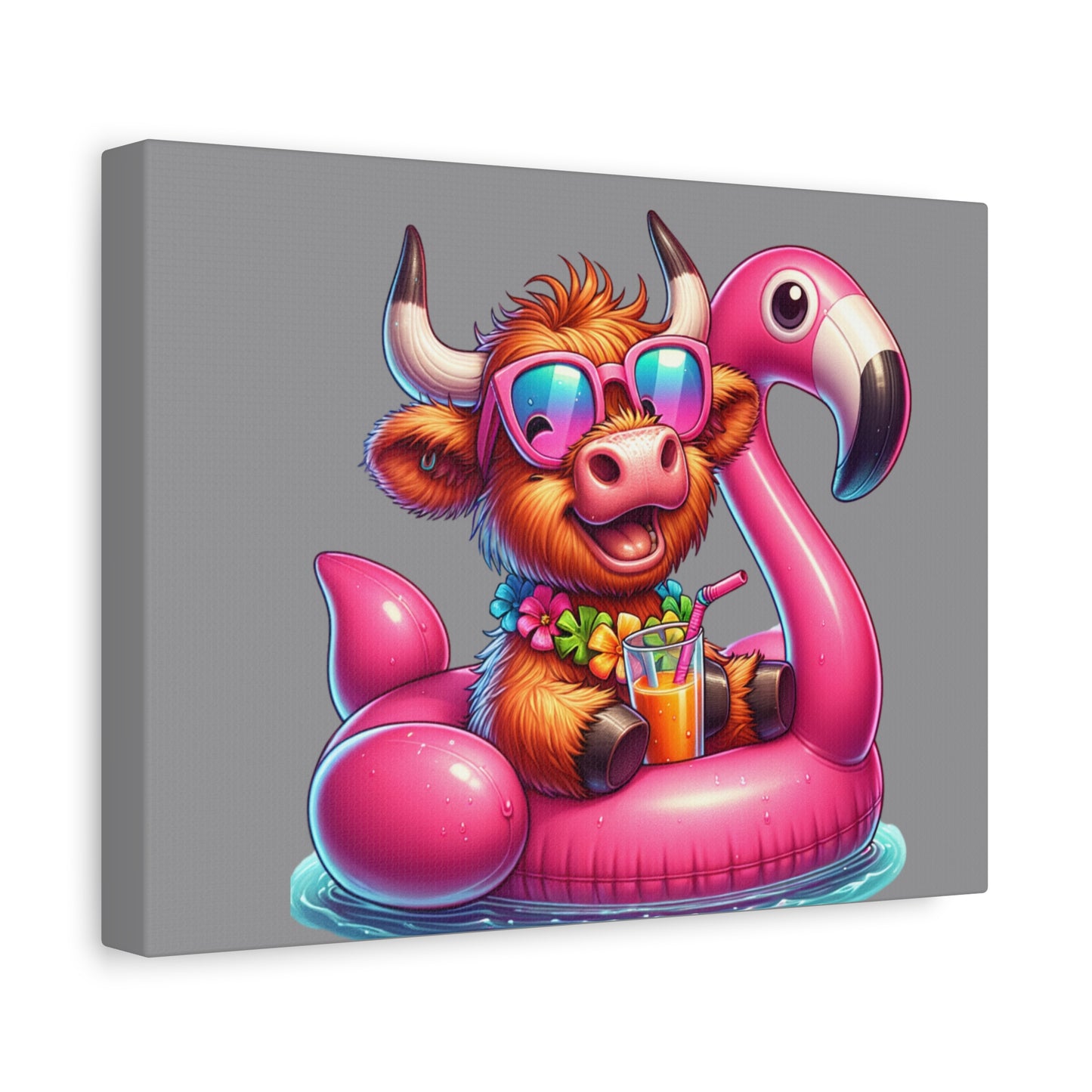 Canvas Wall Art, Highland Cow in Pool with Flamingo Raft, Stretched Matte Print, 1 25" - Cute Fun Home Decor, Animal Lover Gift, Farmhouse