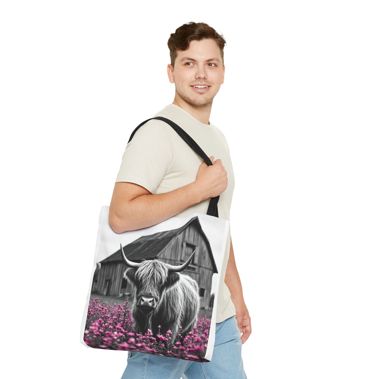 Black and White Highland Cow Tote Bag - Floral Design