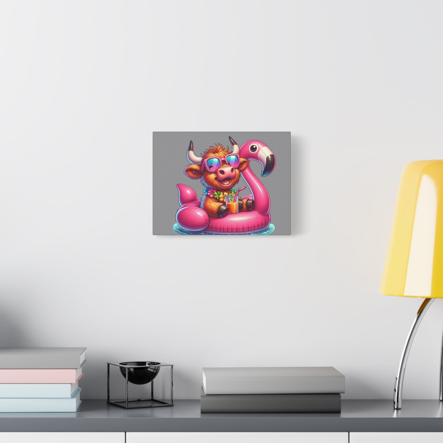 Canvas Wall Art, Highland Cow in Pool with Flamingo Raft, Stretched Matte Print, 1 25" - Cute Fun Home Decor, Animal Lover Gift, Farmhouse