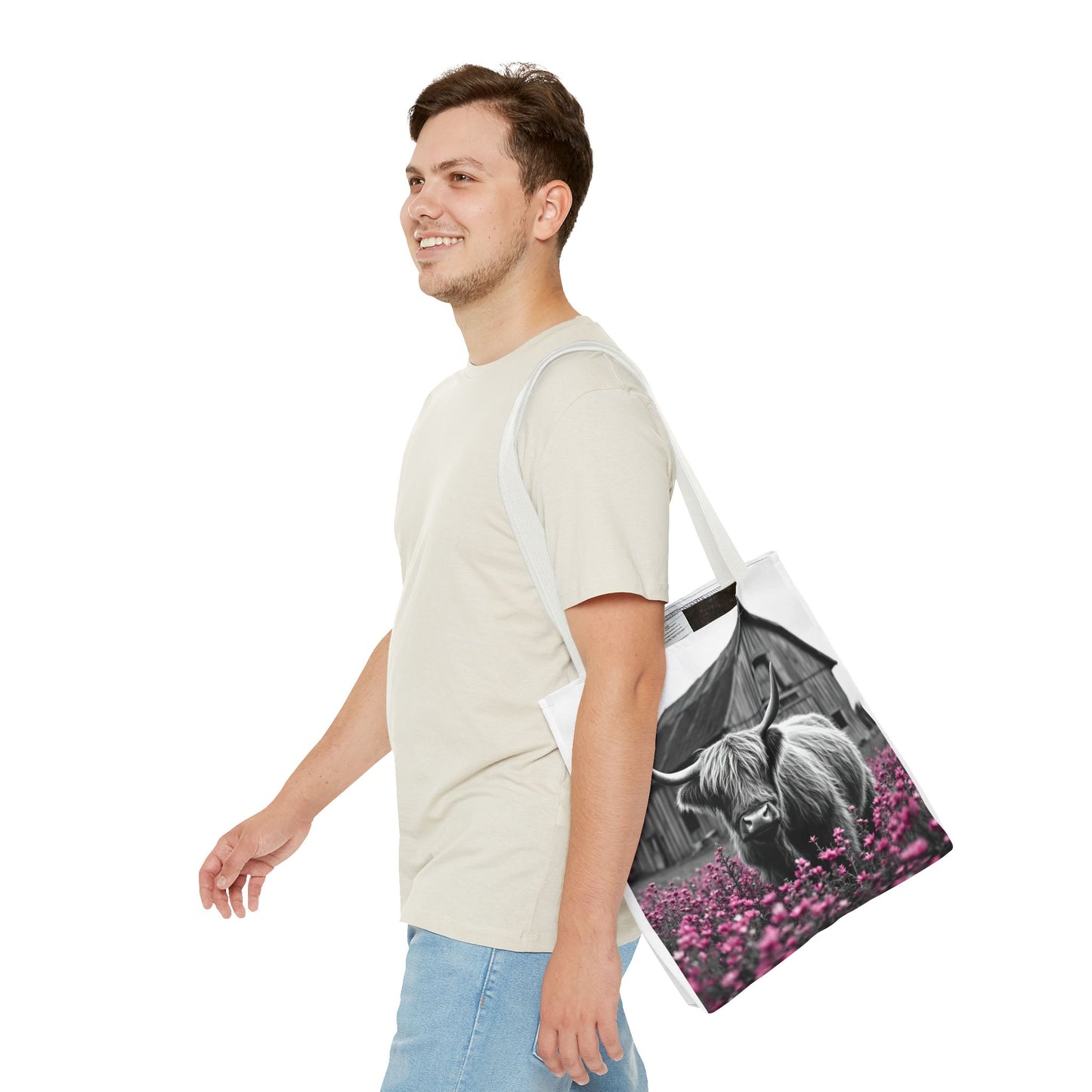 Black and White Highland Cow Tote Bag - Floral Design