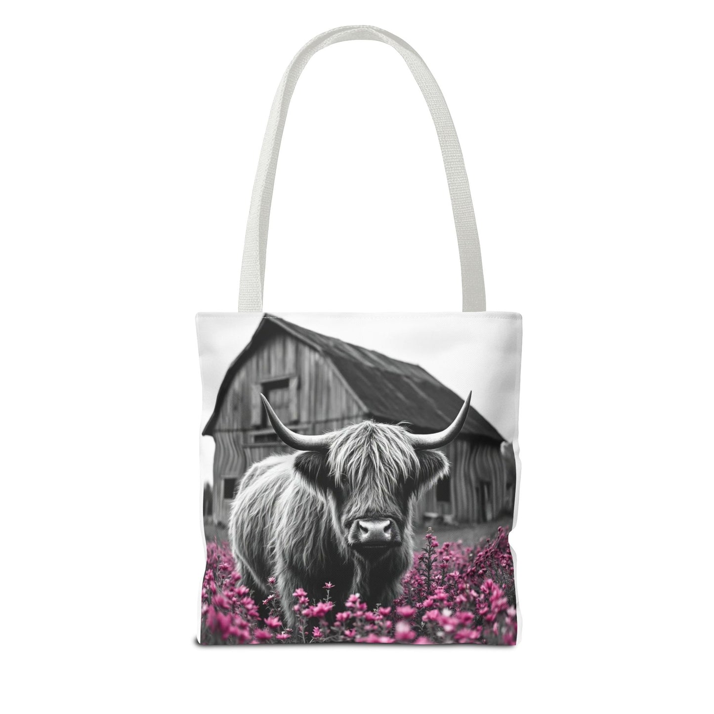 Black and White Highland Cow Tote Bag - Floral Design