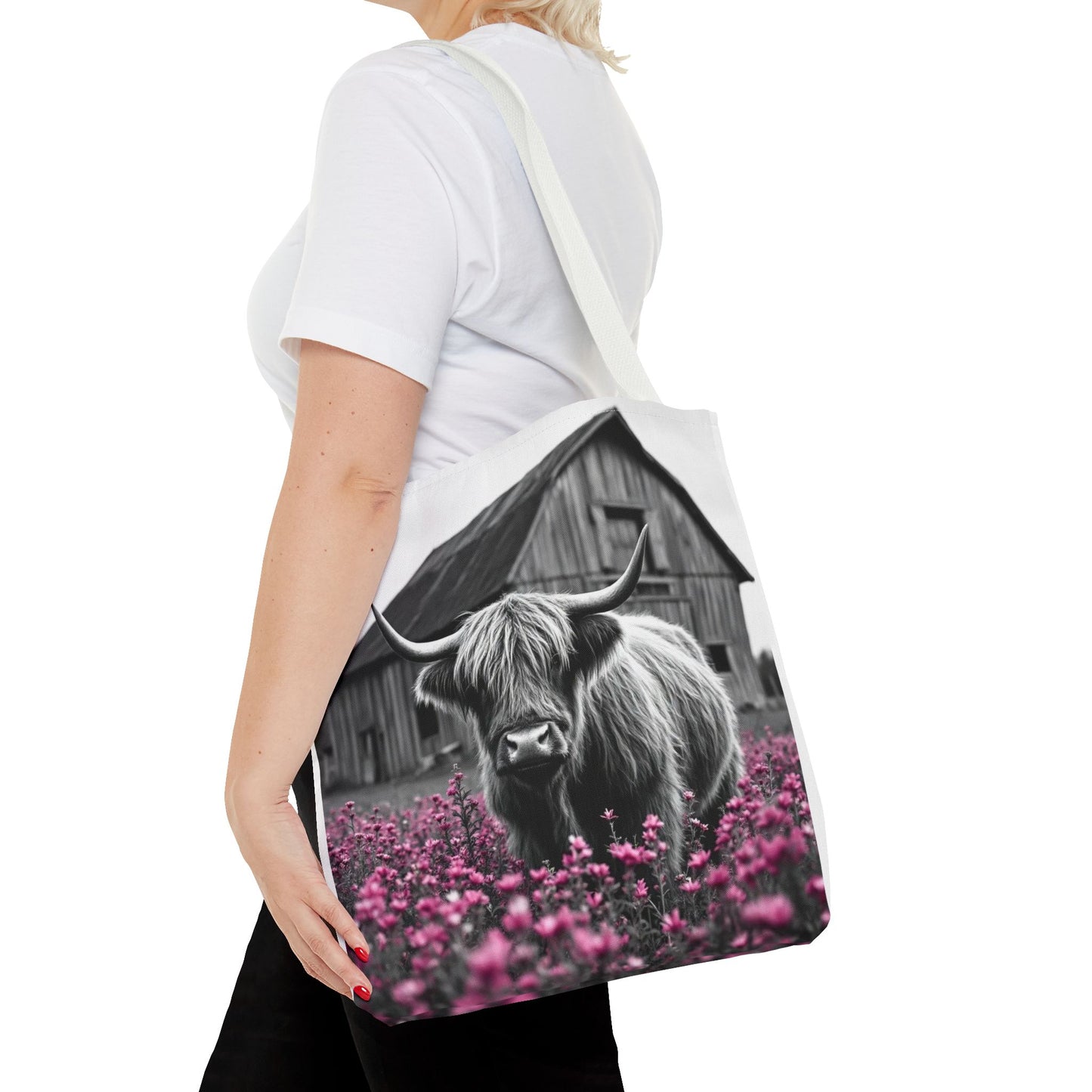Black and White Highland Cow Tote Bag - Floral Design