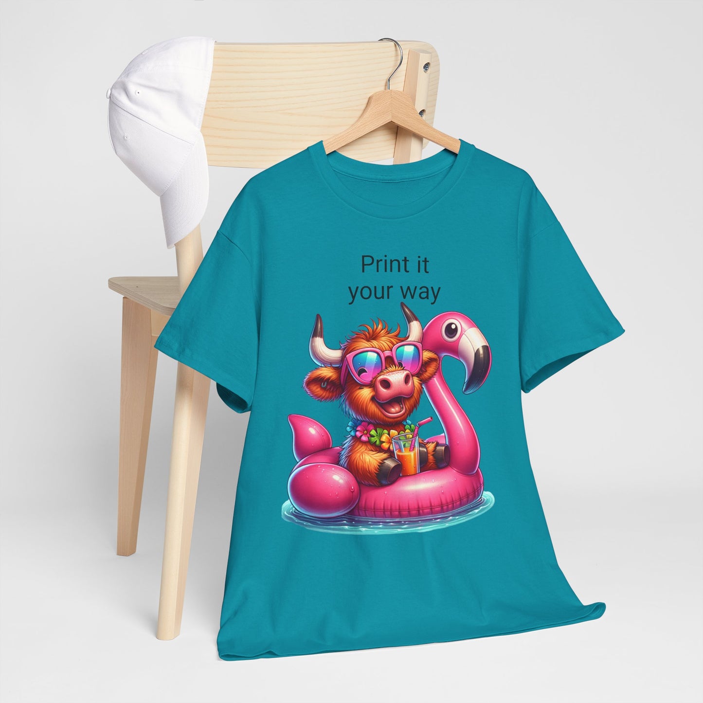 Fun Summer Vibes Unisex Heavy Cotton Tee, Cute Cow Print Tee, Beach Party Shirt, Pool Day Top, Gift for Animal Lovers