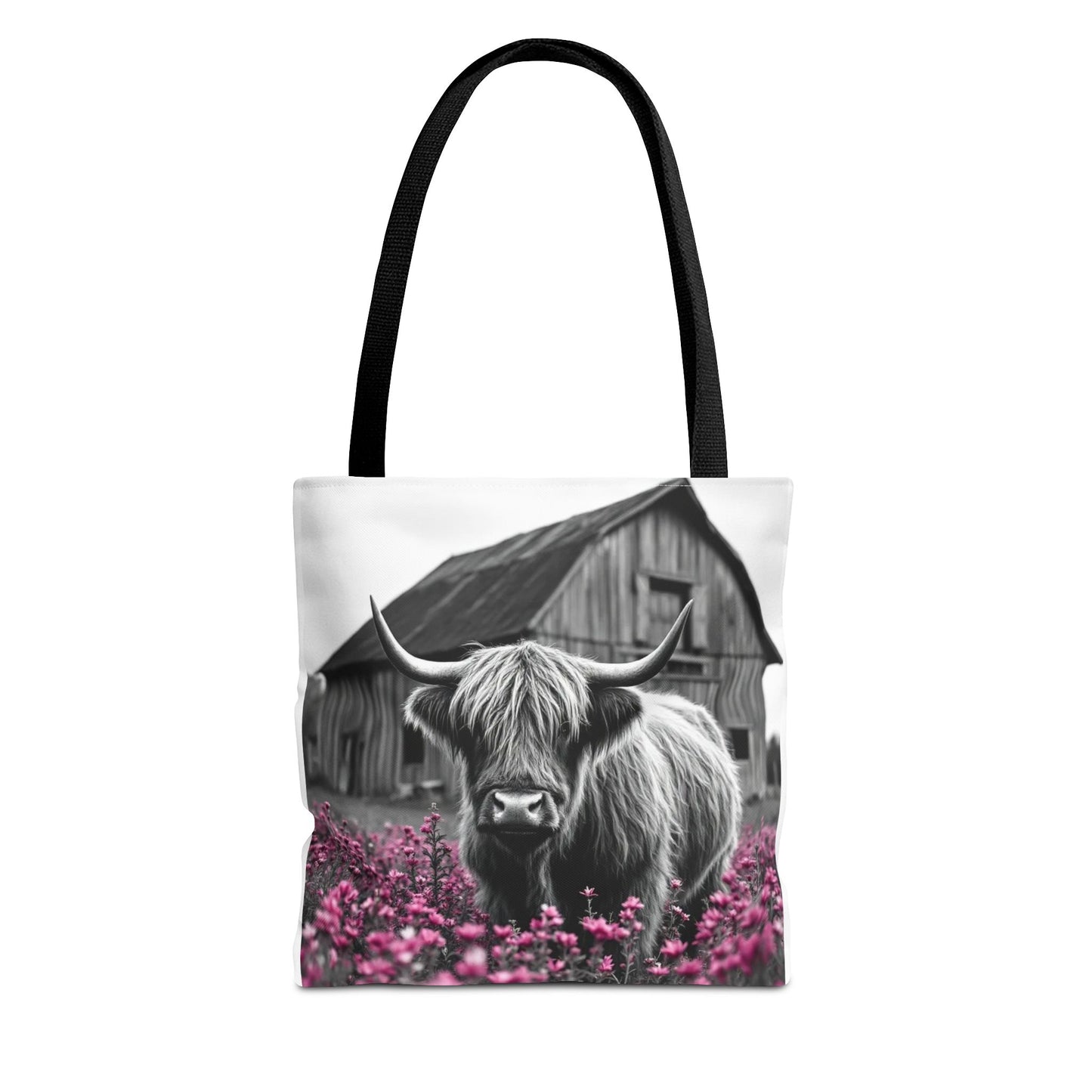 Black and White Highland Cow Tote Bag - Floral Design