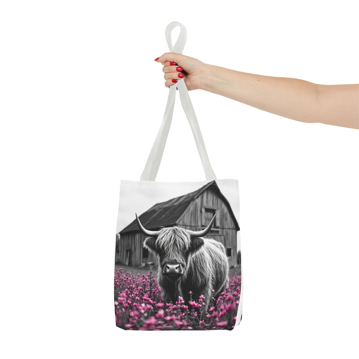 Black and White Highland Cow Tote Bag - Floral Design
