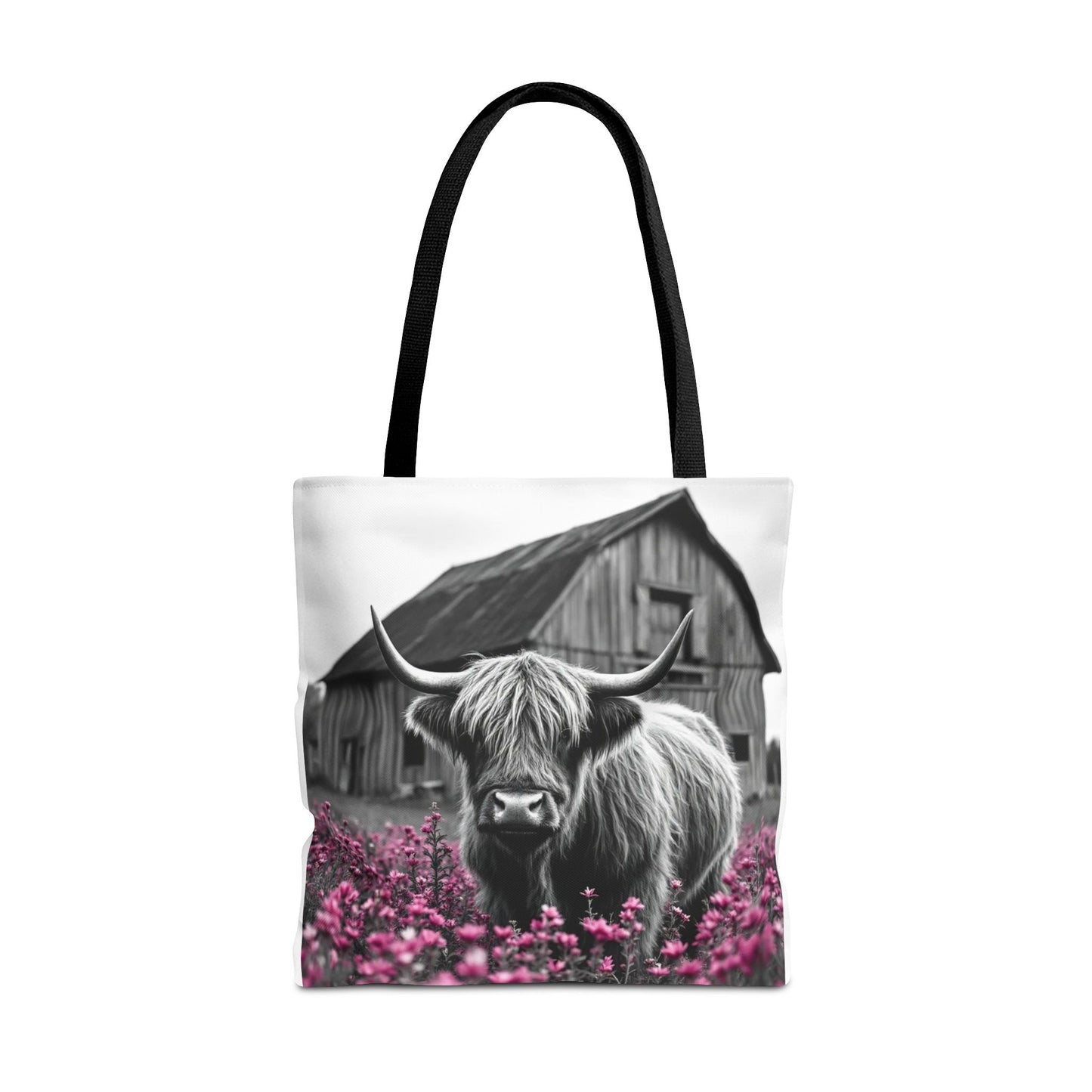 Black and White Highland Cow Tote Bag - Floral Design