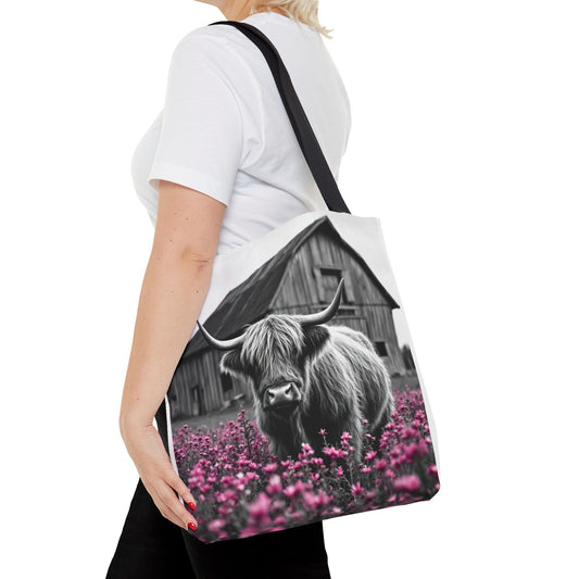 Black and White Highland Cow Tote Bag - Floral Design