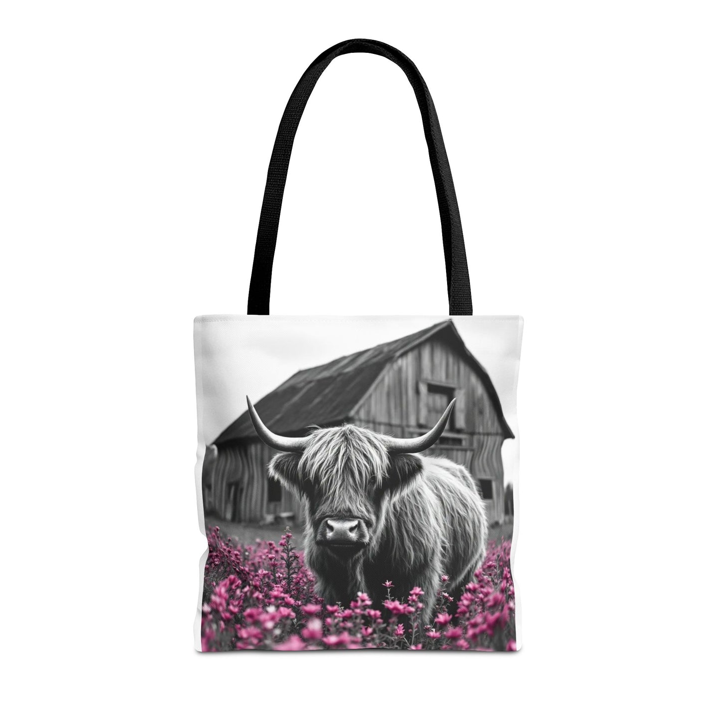 Black and White Highland Cow Tote Bag - Floral Design