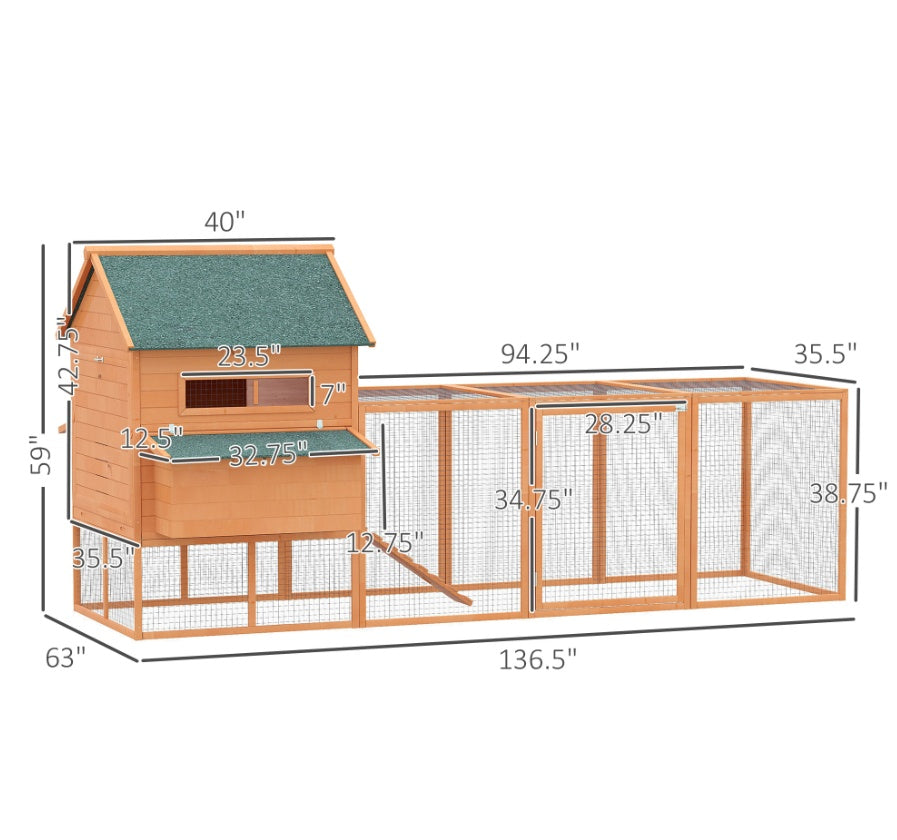 137  Chicken Coop For 8-10 Chickens, Wood Chicken House, Lockable Chicken Coop Kit With Nesting Box & Run, For Backyard, Orange