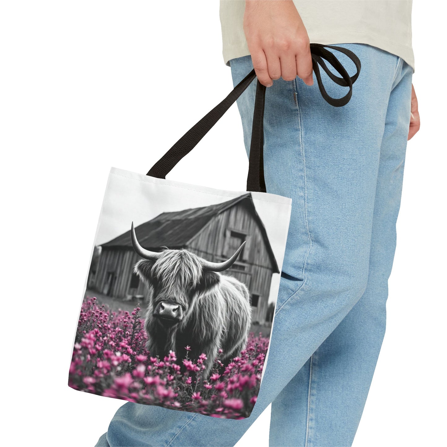 Black and White Highland Cow Tote Bag - Floral Design