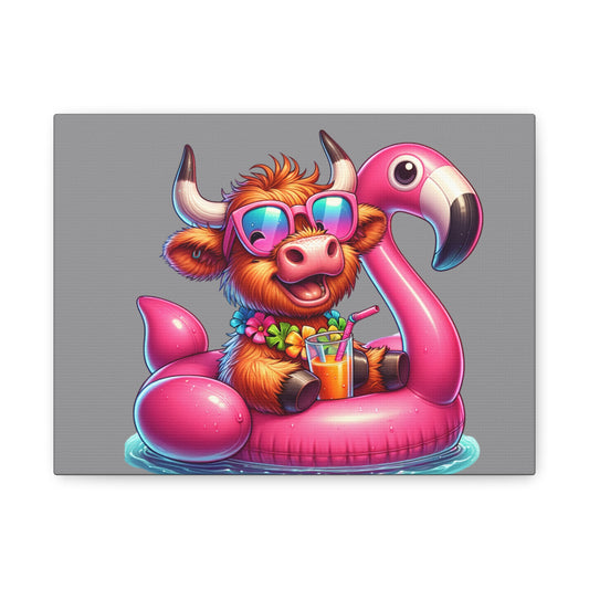Canvas Wall Art, Highland Cow in Pool with Flamingo Raft, Stretched Matte Print, 1 25" - Cute Fun Home Decor, Animal Lover Gift, Farmhouse