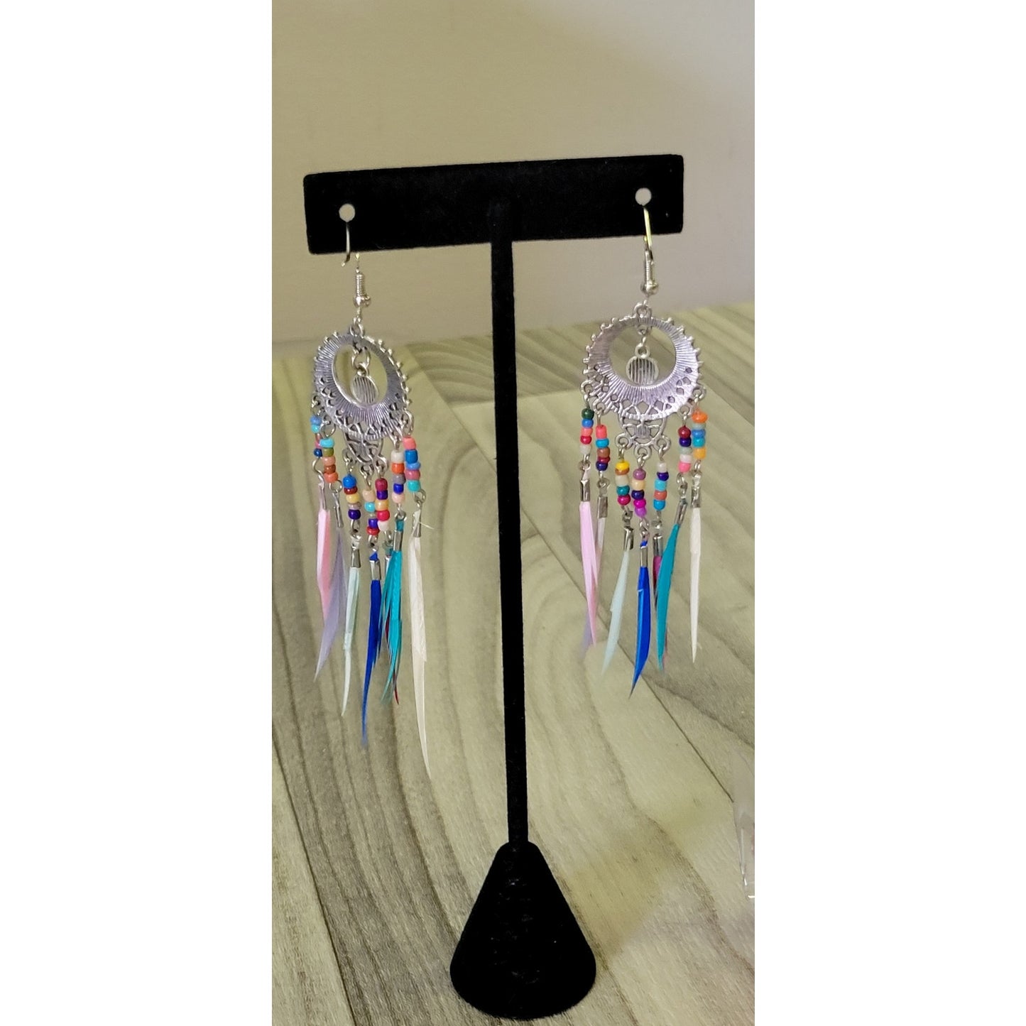 Boho feathered beaded tassel earrings