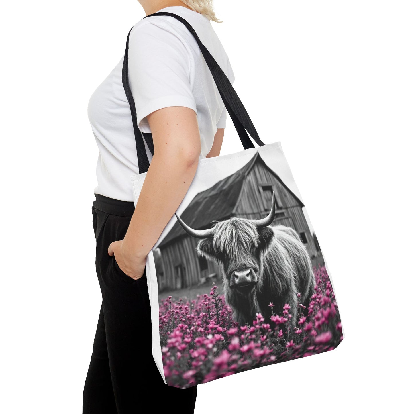 Black and White Highland Cow Tote Bag - Floral Design