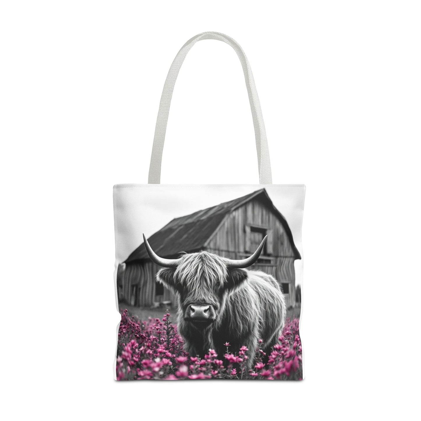 Black and White Highland Cow Tote Bag - Floral Design
