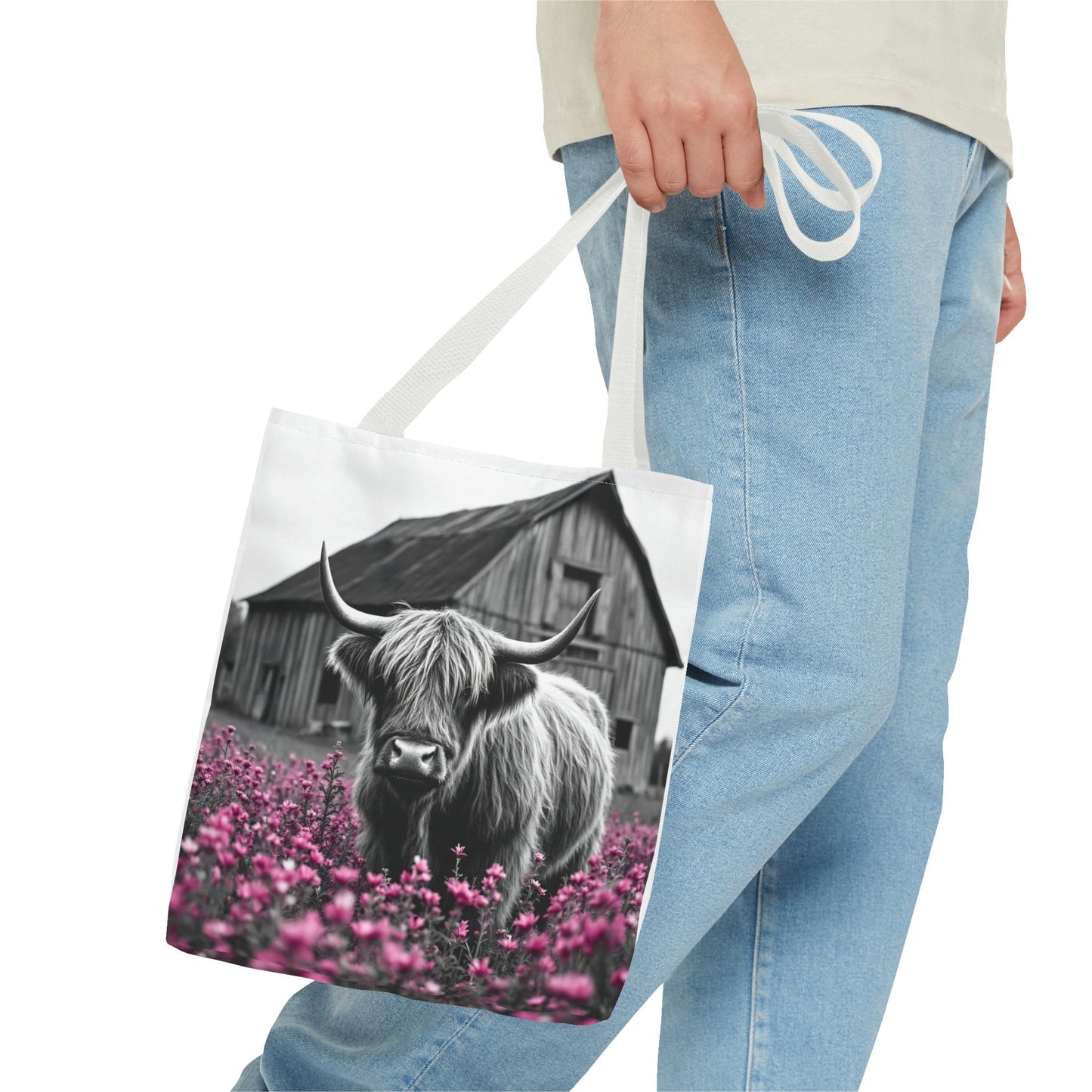 Black and White Highland Cow Tote Bag - Floral Design