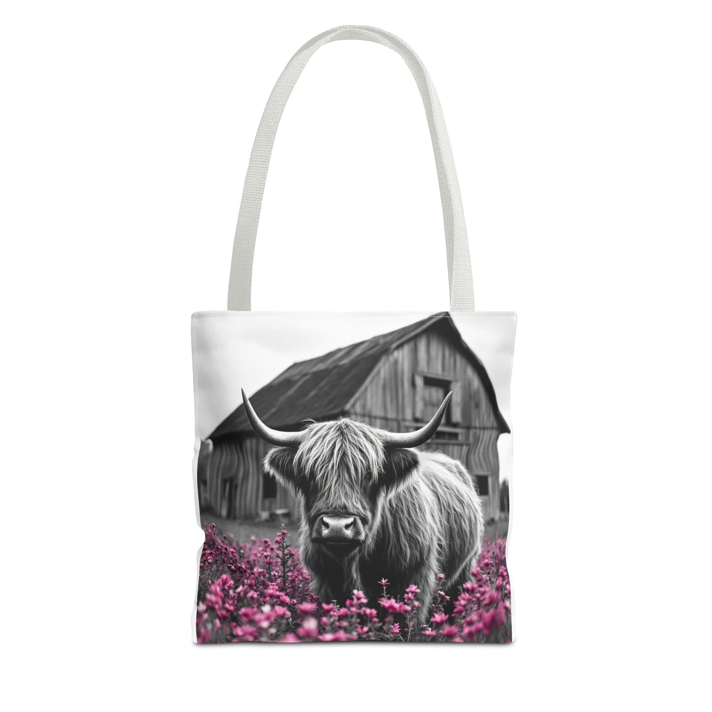 Black and White Highland Cow Tote Bag - Floral Design