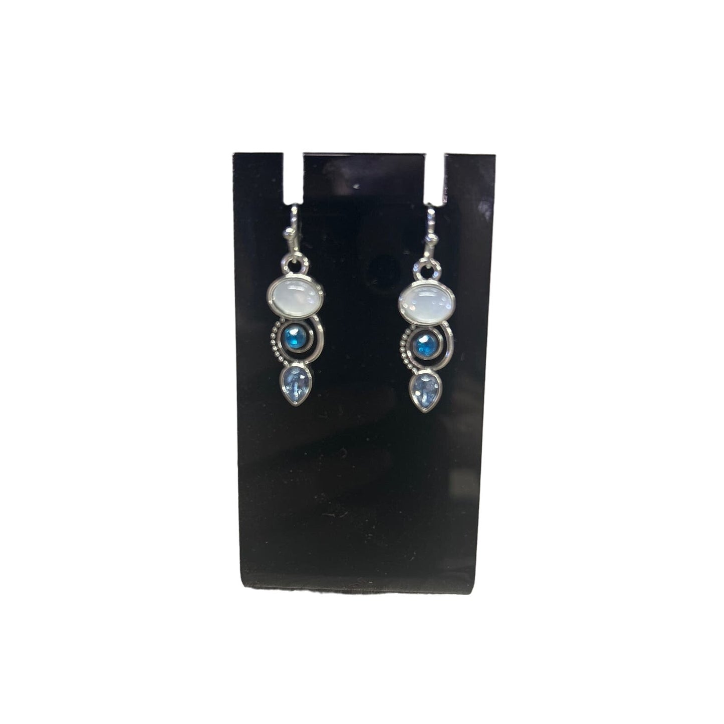 Faux moonstone dangle earrings blue rhinestones