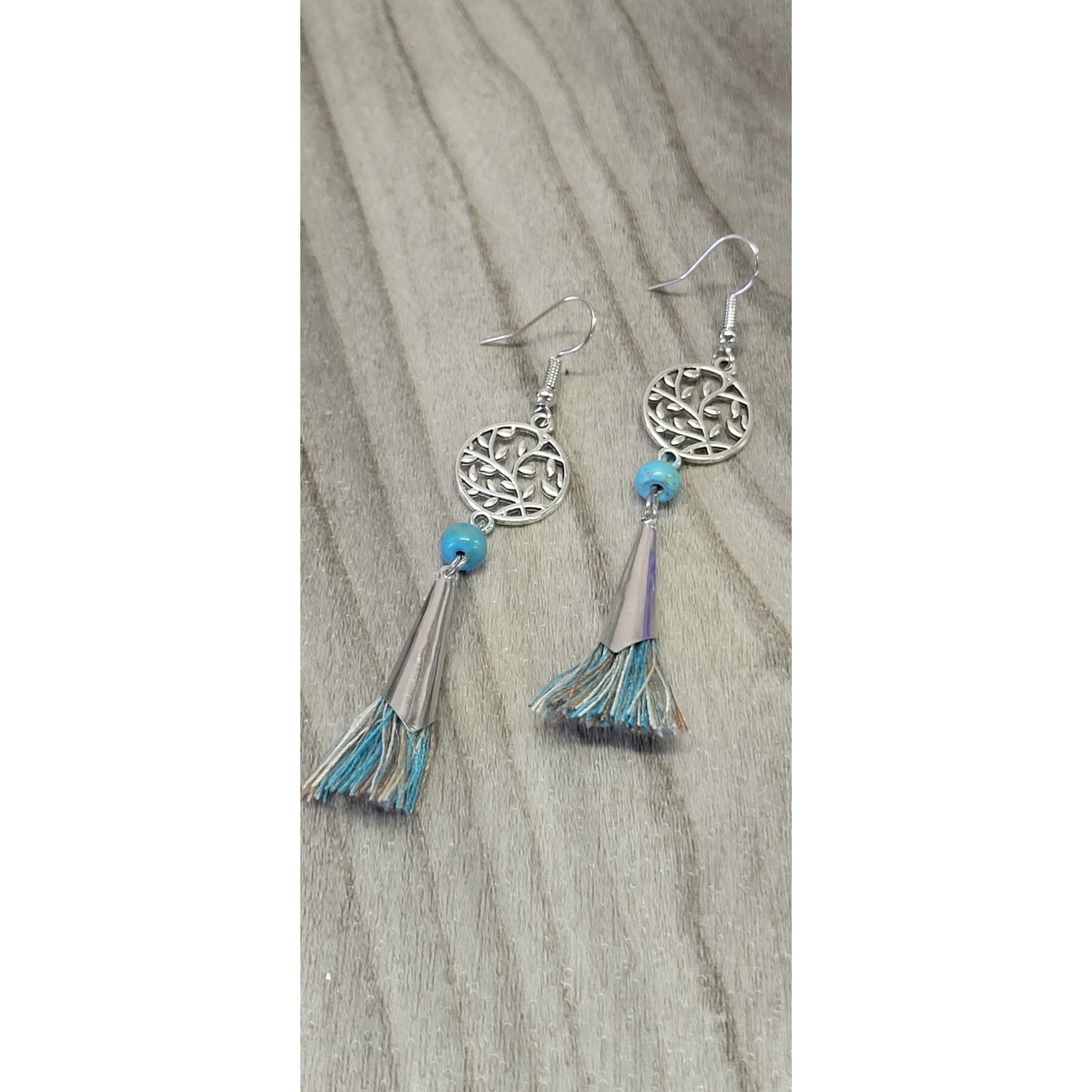 Leafy blue bead with tassel Dangle earrings