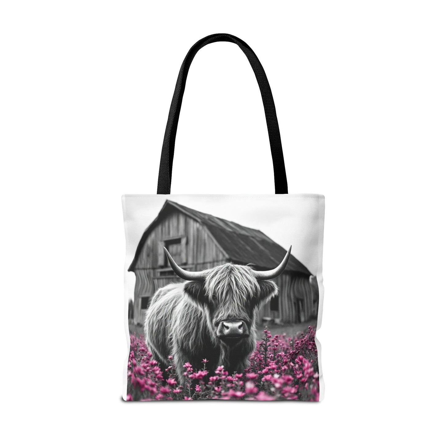 Black and White Highland Cow Tote Bag - Floral Design