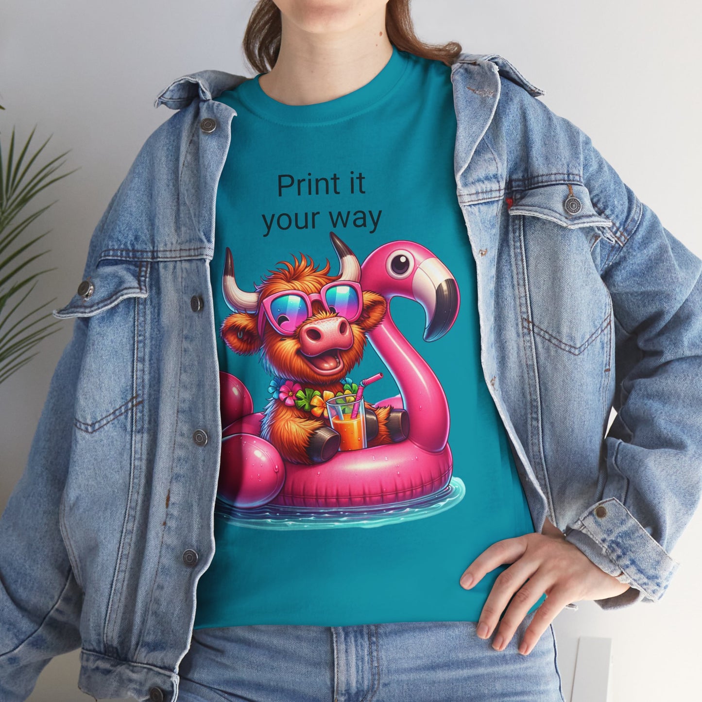 Fun Summer Vibes Unisex Heavy Cotton Tee, Cute Cow Print Tee, Beach Party Shirt, Pool Day Top, Gift for Animal Lovers