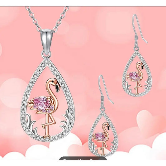 3 piece pink flamingo earring and necklace set