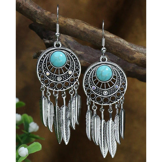 Bohemian Silver with blue Stone Drop Feather Earrings